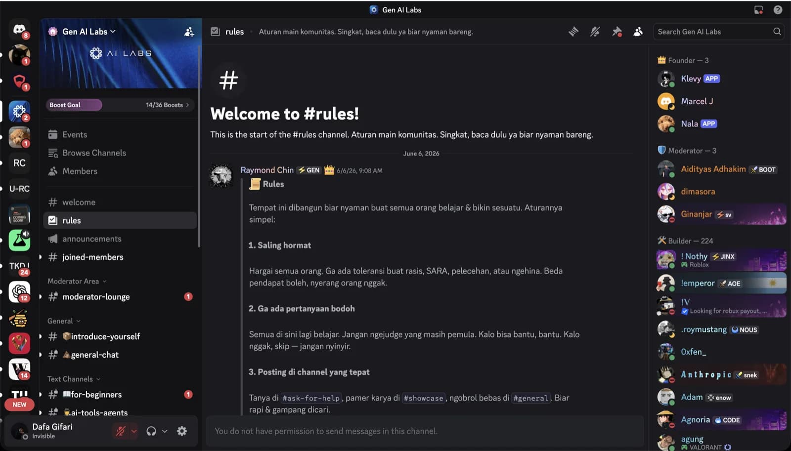 Tampilan server Gen AI Labs di Discord